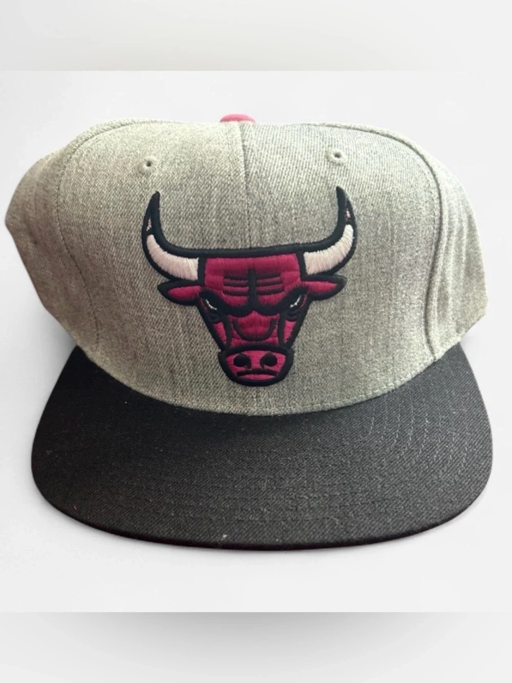 Mitchell & Ness Gray and Black Bulls Logo Snapback with Pink Accents